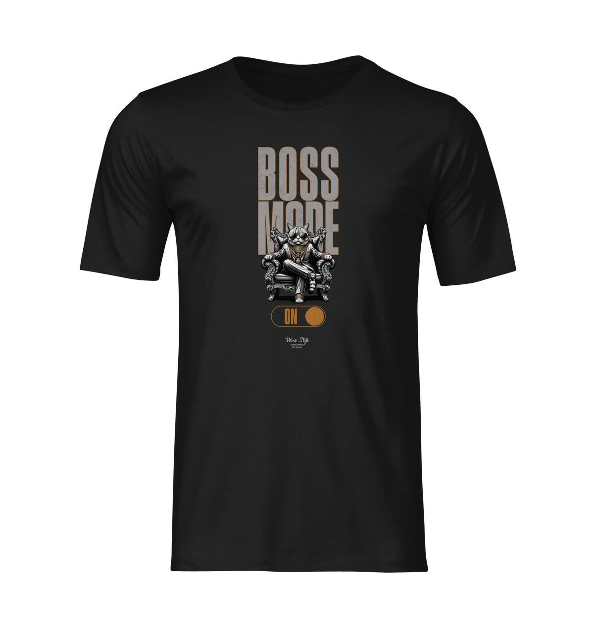 Ghost-style T-shirt mockup showcasing the BOSS MODE design. The graphic features a confident character on a throne with a bold "ON" switch below. No background no model.