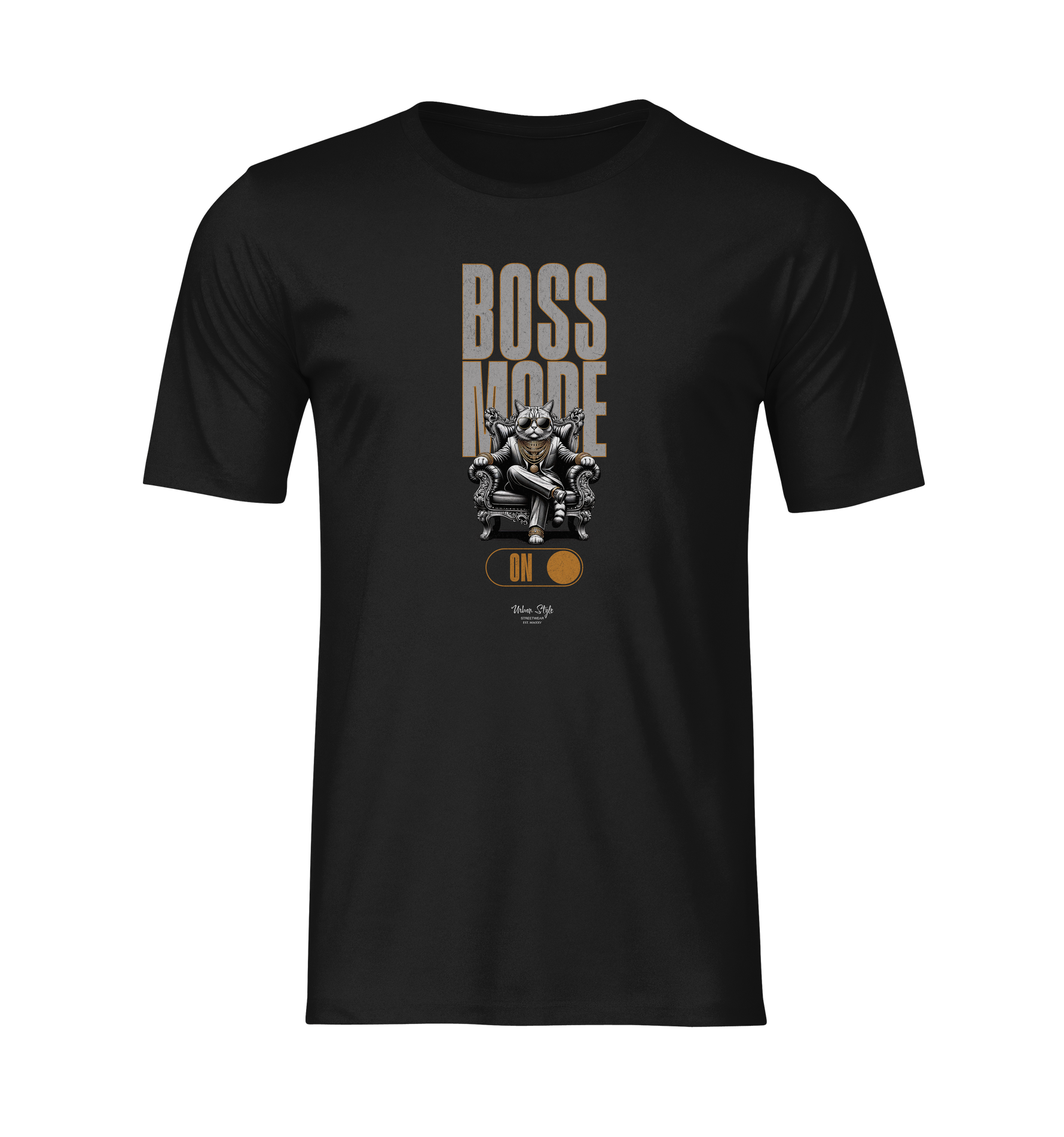 Ghost-style T-shirt mockup showcasing the BOSS MODE design. The graphic features a confident character on a throne with a bold "ON" switch below. No background no model.