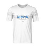 THE BRAVE t-shirt in white — ghost mockup with clean front view showing the bold layered “BRAVE” text in blue tones. Centered below is the phrase “Stay brave. Stay wild.” with a minimal motivational paragraph. Ideal for showcasing the shirt design in full clarity against a white background.