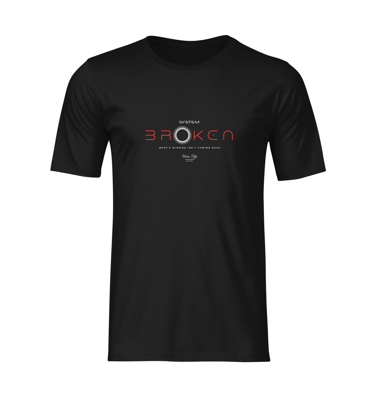 Black t-shirt with 'Broken' graphic design on a white background