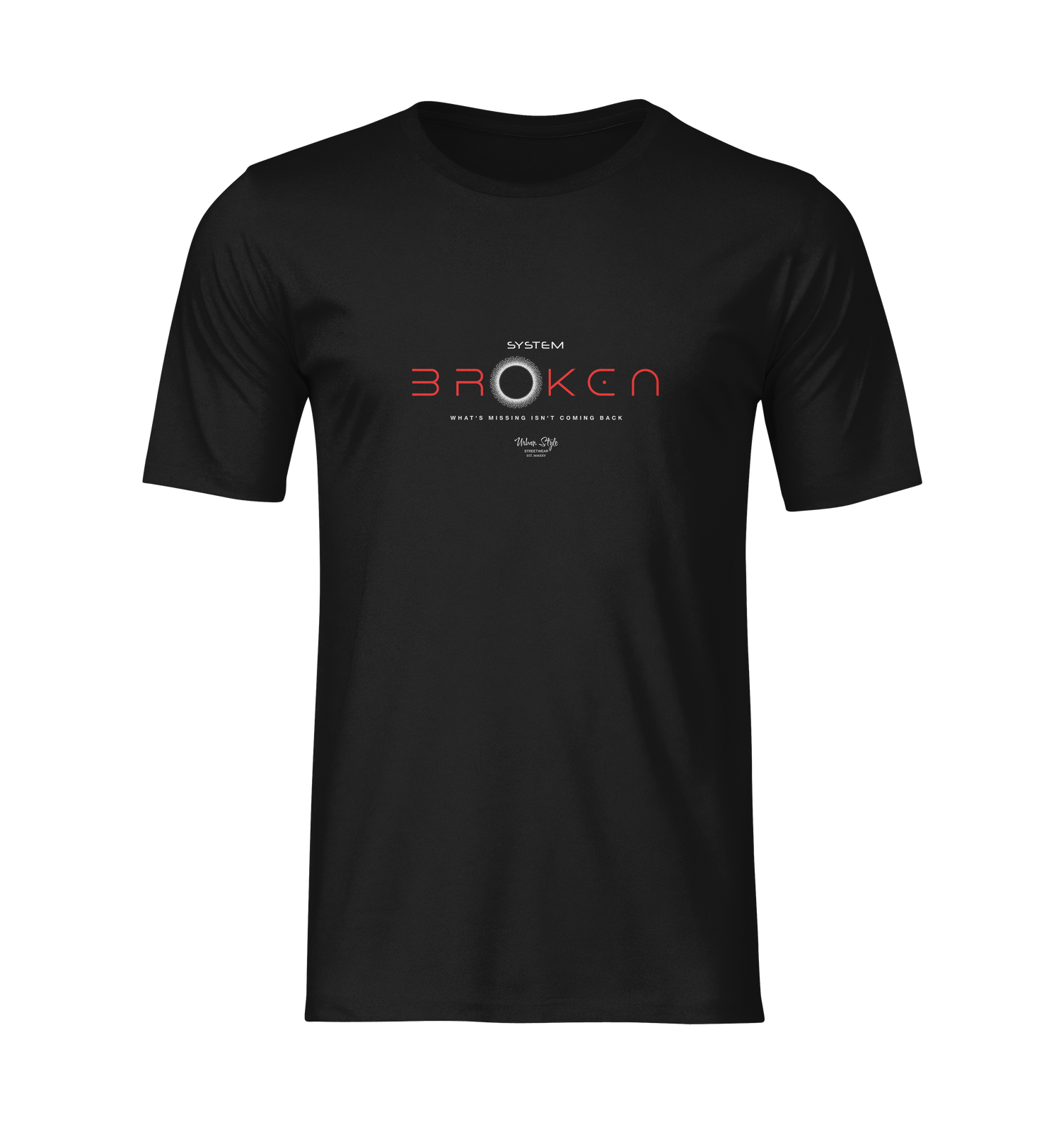 Black t-shirt with 'Broken' graphic design on a white background