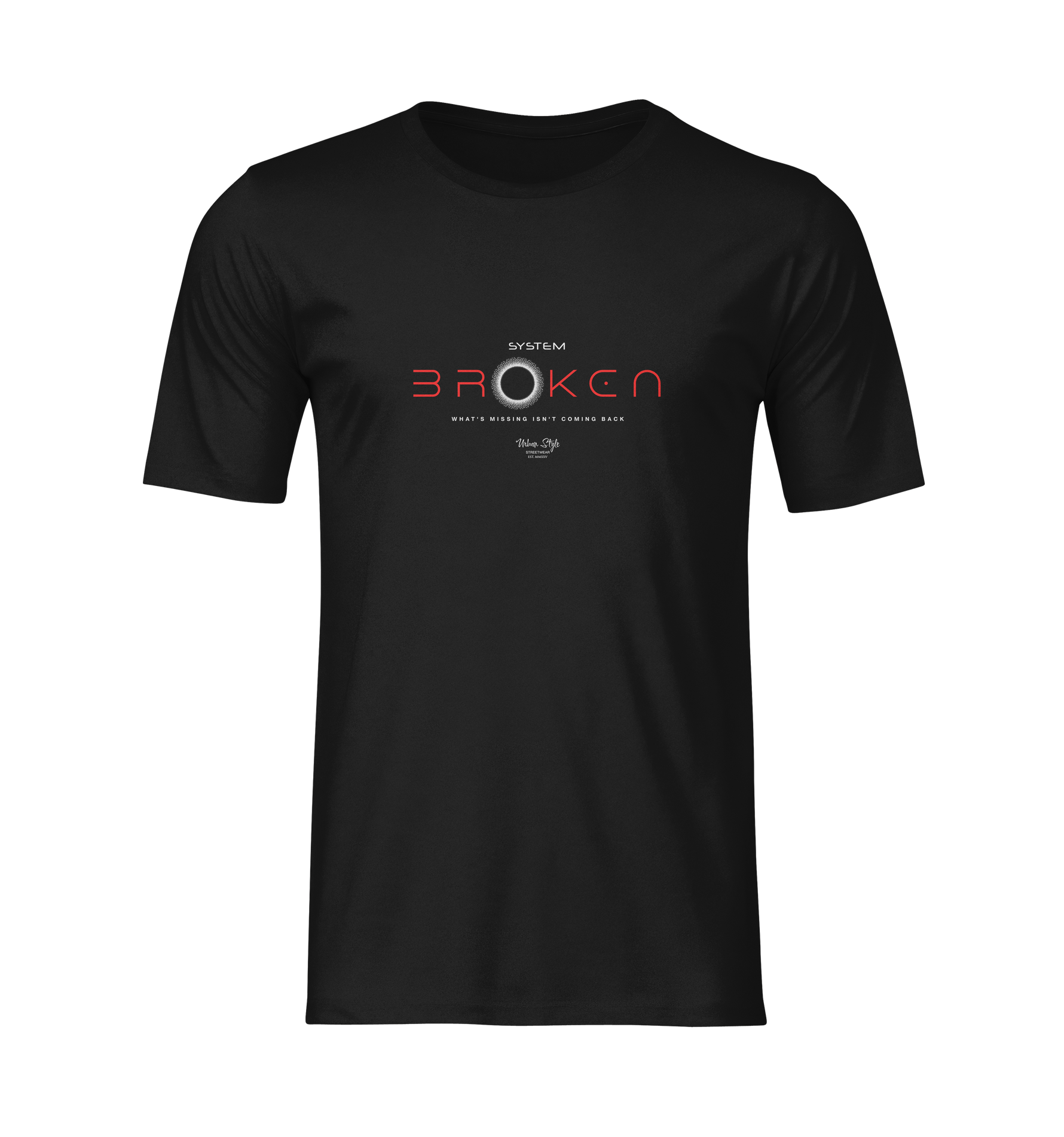 Black t-shirt with 'Broken' graphic design on a white background