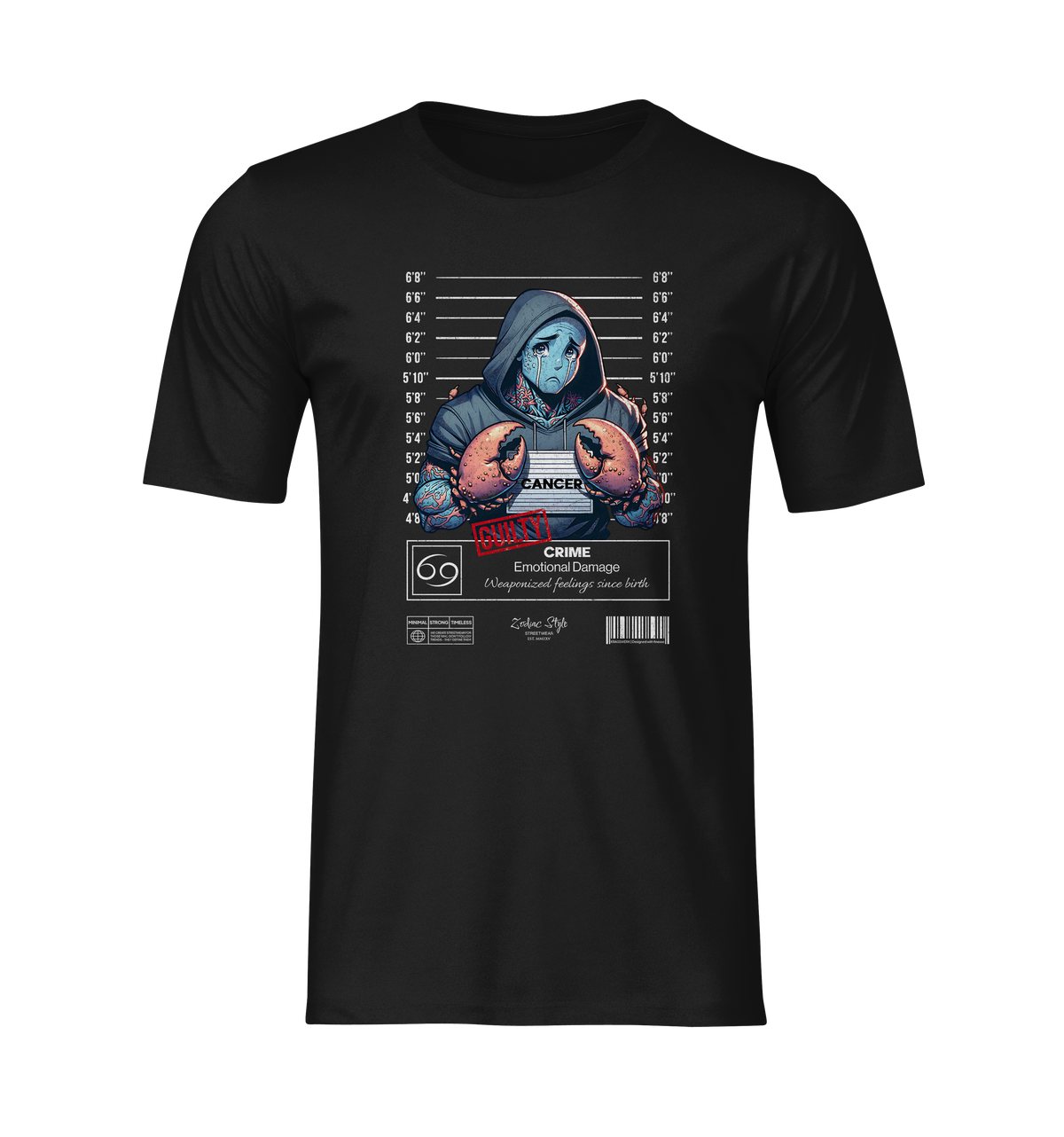 Black ghost mockup of the Cancer design showing the character in a lineup pose with crab claws and a cold stare. Clean and bold — no distractions, just raw symbolism. A hoodie-clad figure caught between defense and despair.