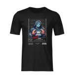 Black ghost mockup of the Cancer design showing the character in a lineup pose with crab claws and a cold stare. Clean and bold — no distractions, just raw symbolism. A hoodie-clad figure caught between defense and despair.