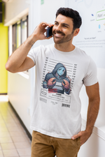 A man is on the phone, smiling confidently while wearing the white Cancer t-shirt. The contrast between his cheerful expression and the emotionally heavy design creates a powerful irony — the kind only a Cancer could pull off.