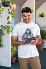 A man stands outdoors, smiling as he uses a tablet while wearing the white Cancer tee. The design reflects a character who hasn’t suppressed his emotions — he’s transformed them. His face doesn’t show weakness, but the weight of everything he’s carried.