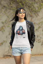 A woman walks confidently outdoors, wearing the white Cancer t-shirt with a leather jacket and sunglasses. She looks untouchable — but the design speaks louder. The crab claws, the downcast eyes, the hoodie pulled tight.
