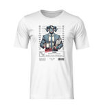 3D ghost mockup of the “CAPRICORN” t-shirt in white. The shirt features a horned, suited figure holding coffee and documents in front of a height chart. No background. No model.