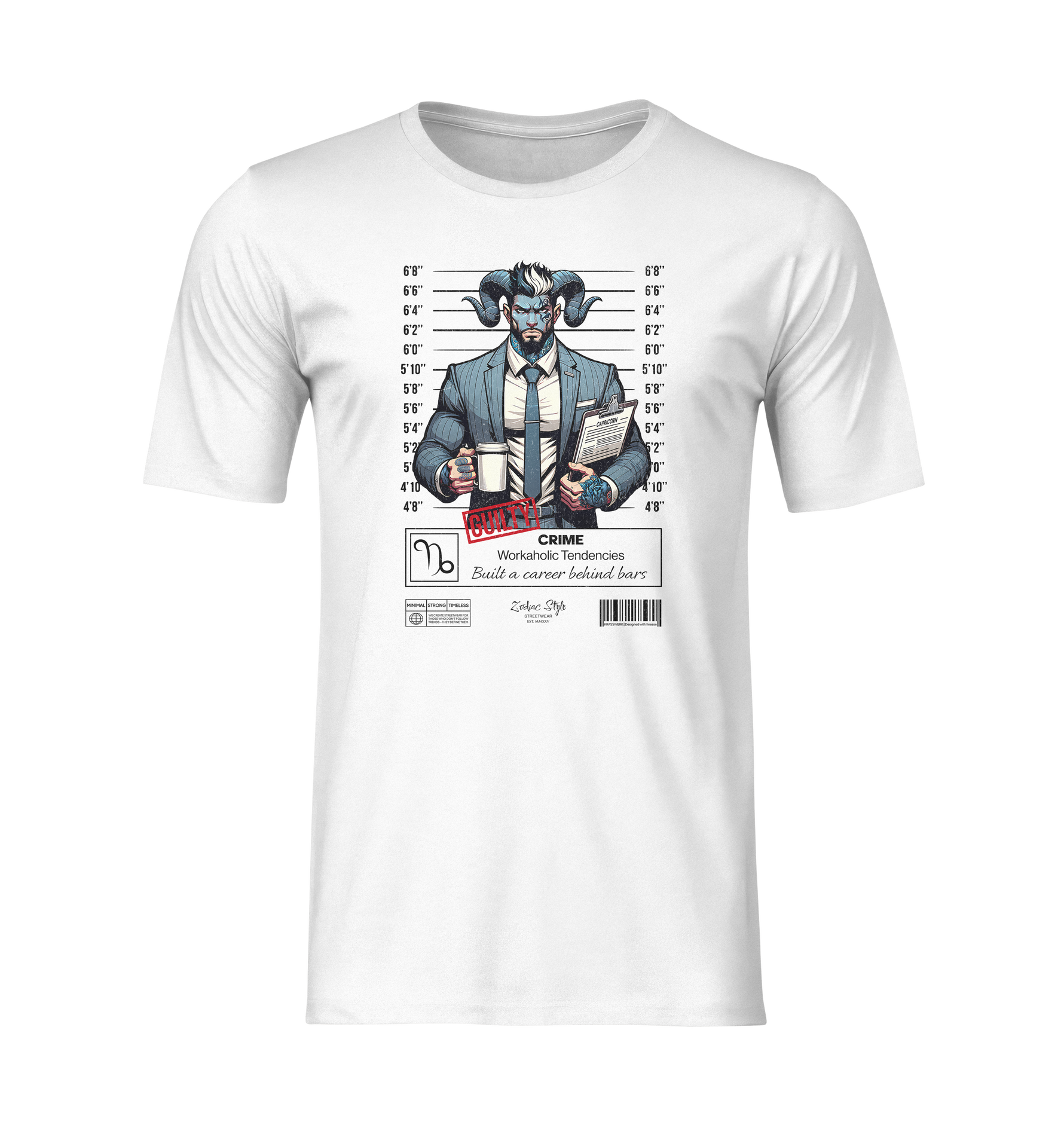 3D ghost mockup of the “CAPRICORN” t-shirt in white. The shirt features a horned, suited figure holding coffee and documents in front of a height chart. No background. No model.
