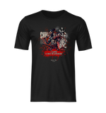 Ghost-style mockup of the CHŪGI t-shirt from the 7 Virtues of Bushido series. The design features a stoic samurai with intense red and white accents, paired with the quote “Loyalty is silent, but unbreakable,” set against a clean black background for a bold and centered product presentation.