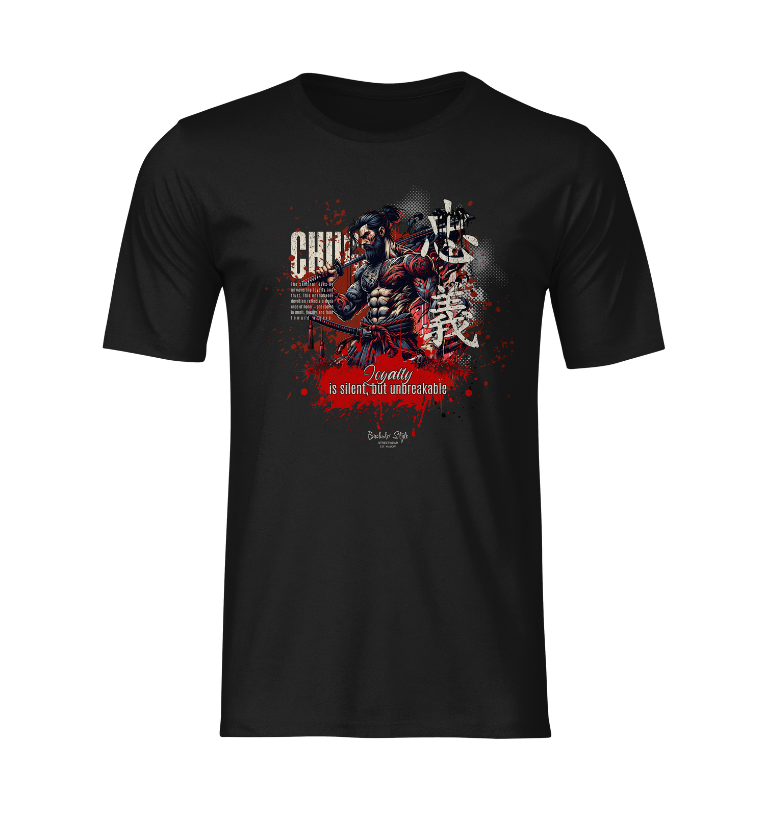 Ghost-style mockup of the CHŪGI t-shirt from the 7 Virtues of Bushido series. The design features a stoic samurai with intense red and white accents, paired with the quote “Loyalty is silent, but unbreakable,” set against a clean black background for a bold and centered product presentation.