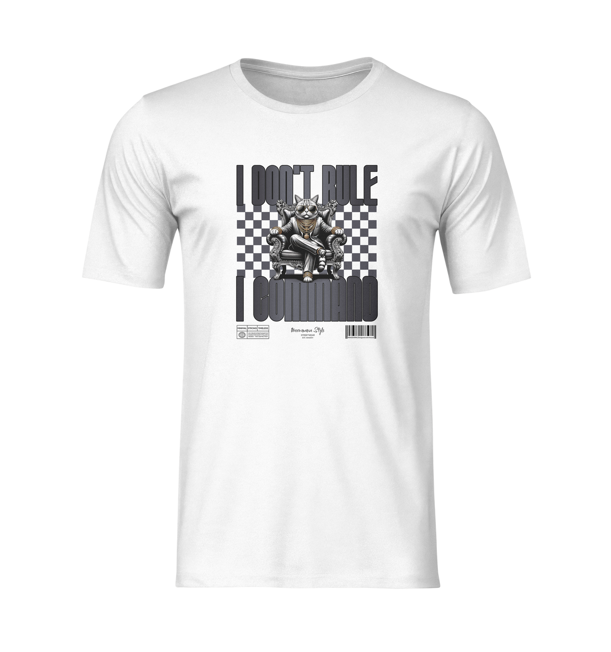 White unisex t-shirt mockup featuring a commanding cat on a throne with checkered background and bold text saying “I DON’T RULE. I COMMAND.” — displayed on a 3D invisible mannequin with no background.