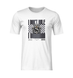 White unisex t-shirt mockup featuring a commanding cat on a throne with checkered background and bold text saying “I DON’T RULE. I COMMAND.” — displayed on a 3D invisible mannequin with no background.