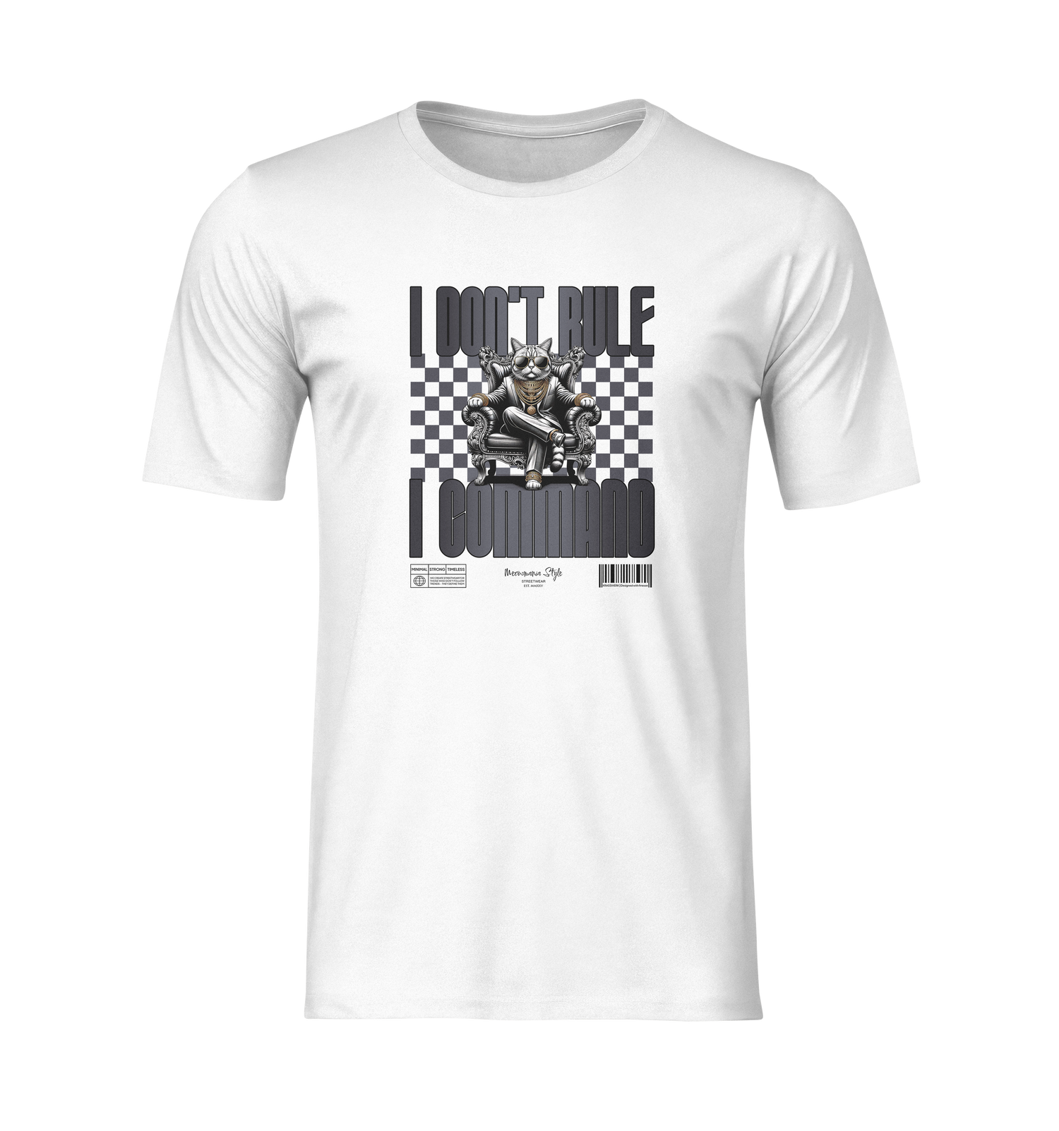 White unisex t-shirt mockup featuring a commanding cat on a throne with checkered background and bold text saying “I DON’T RULE. I COMMAND.” — displayed on a 3D invisible mannequin with no background.