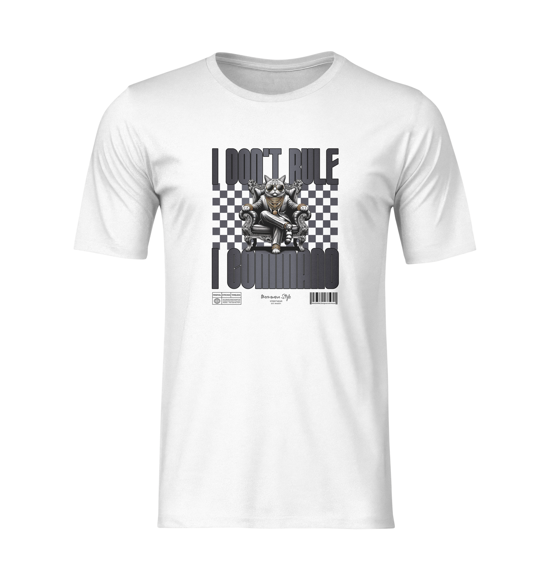 White unisex t-shirt mockup featuring a commanding cat on a throne with checkered background and bold text saying “I DON’T RULE. I COMMAND.” — displayed on a 3D invisible mannequin with no background.