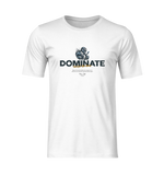 Front-facing product shot on plain background, featuring the "DOMINATE – Conquer the Chaos" design. A stoic gorilla illustration anchors the chest, paired with bold typography and clean layout — built for visual impact and inner grit.