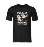 Black unisex t-shirt on invisible mannequin with the design “PLEASE! DON’T TOUCH ME,” featuring an annoyed cartoon cat pushing away a human hand. Text is bold and playful with barcode and vintage-style typography. No background, centered front view.