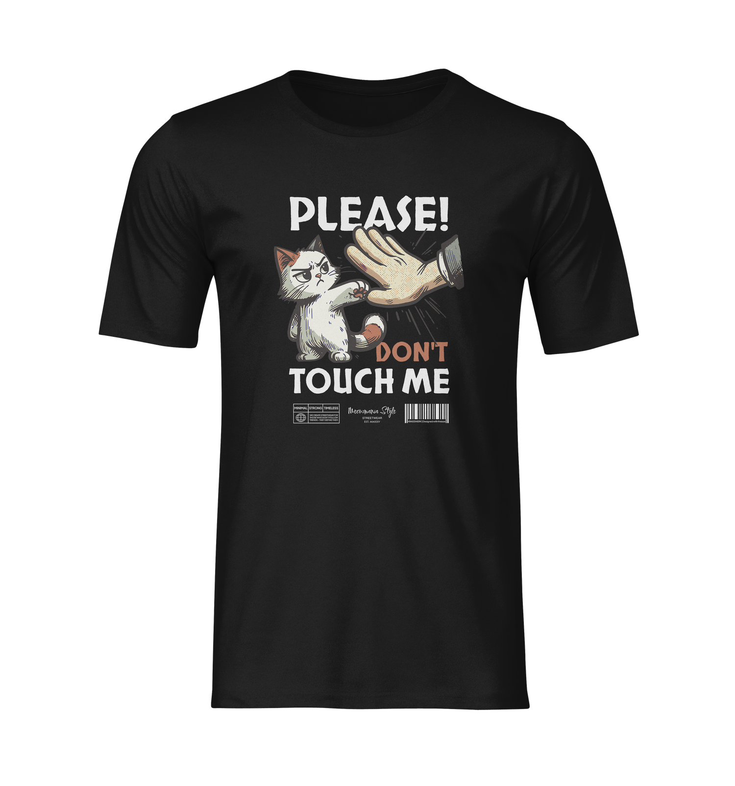 Black unisex t-shirt on invisible mannequin with the design “PLEASE! DON’T TOUCH ME,” featuring an annoyed cartoon cat pushing away a human hand. Text is bold and playful with barcode and vintage-style typography. No background, centered front view.