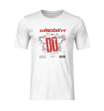 3D ghost mockup of the Krasswerk "DREAM IT AND DO" t-shirt in white. Features a bold red and black butterfly-themed graphic with splatter accents, barcode, and urban-style typography. No model, isolated on a transparent background.