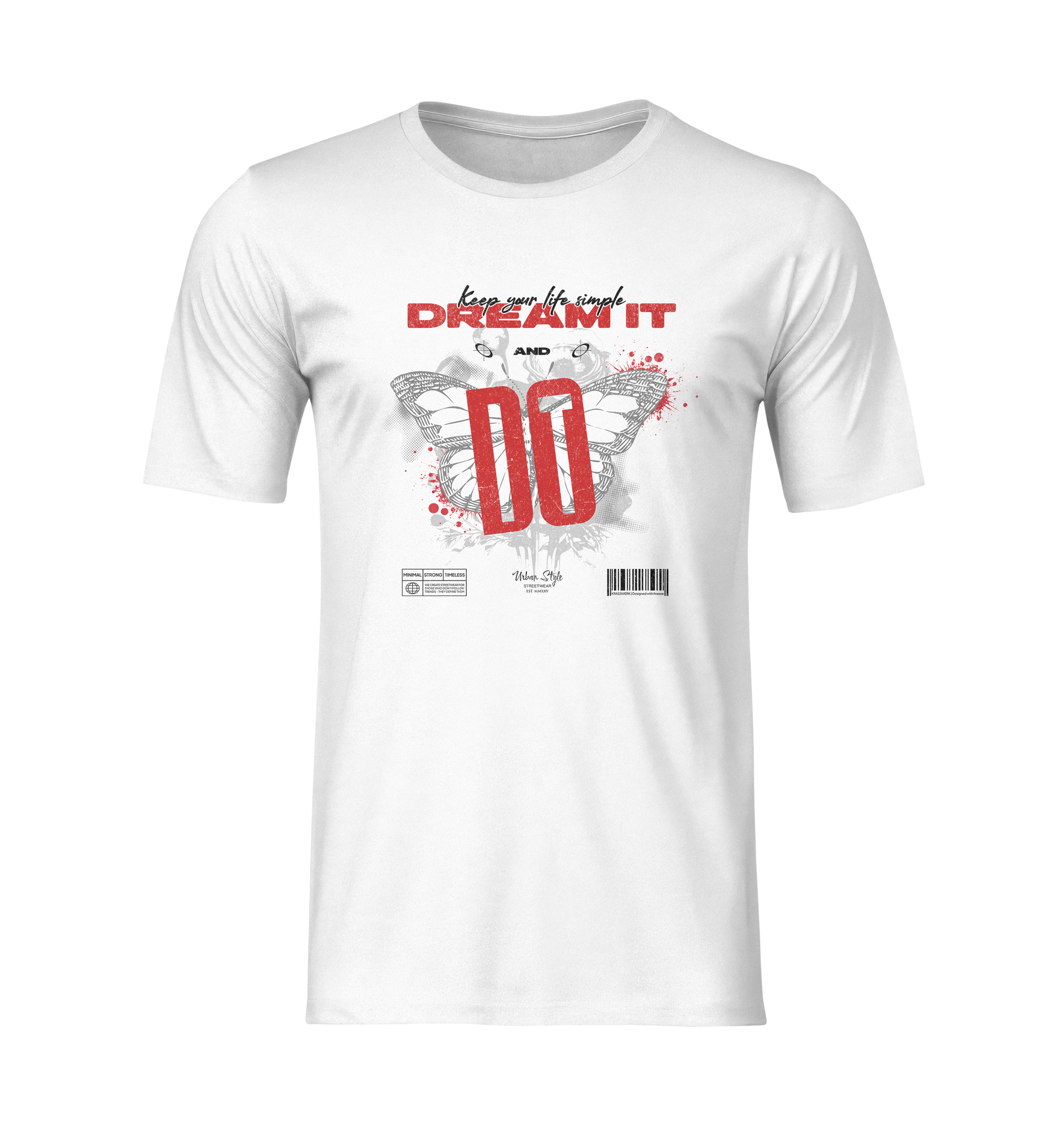 3D ghost mockup of the Krasswerk "DREAM IT AND DO" t-shirt in white. Features a bold red and black butterfly-themed graphic with splatter accents, barcode, and urban-style typography. No model, isolated on a transparent background.