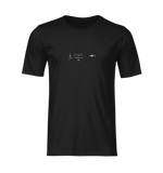 Black t-shirt mockup featuring the DUBAI design centered on the chest. The minimalist graphic includes the silhouette of the Burj Khalifa, “DUBAI” text, five stars, country code AE, and a horizontal UAE flag. No background or model, isolated view for clear product presentation.