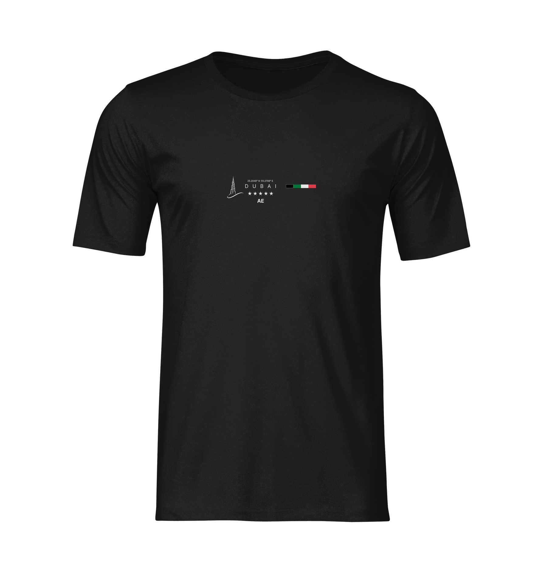 Black t-shirt mockup featuring the DUBAI design centered on the chest. The minimalist graphic includes the silhouette of the Burj Khalifa, “DUBAI” text, five stars, country code AE, and a horizontal UAE flag. No background or model, isolated view for clear product presentation.