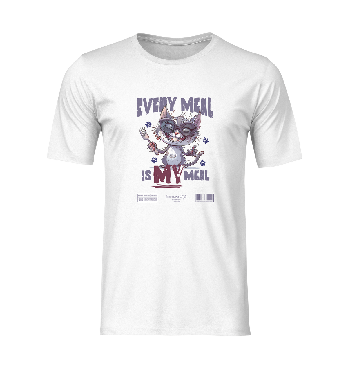 Front-facing ghost mockup of a white t-shirt with “EVERY MEAL IS MY MEAL” design. Features a cartoon cat holding a fork, with paw prints and bold typography — displayed on a plain, transparent background without a model.