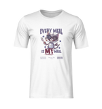 Front-facing ghost mockup of a white t-shirt with “EVERY MEAL IS MY MEAL” design. Features a cartoon cat holding a fork, with paw prints and bold typography — displayed on a plain, transparent background without a model.