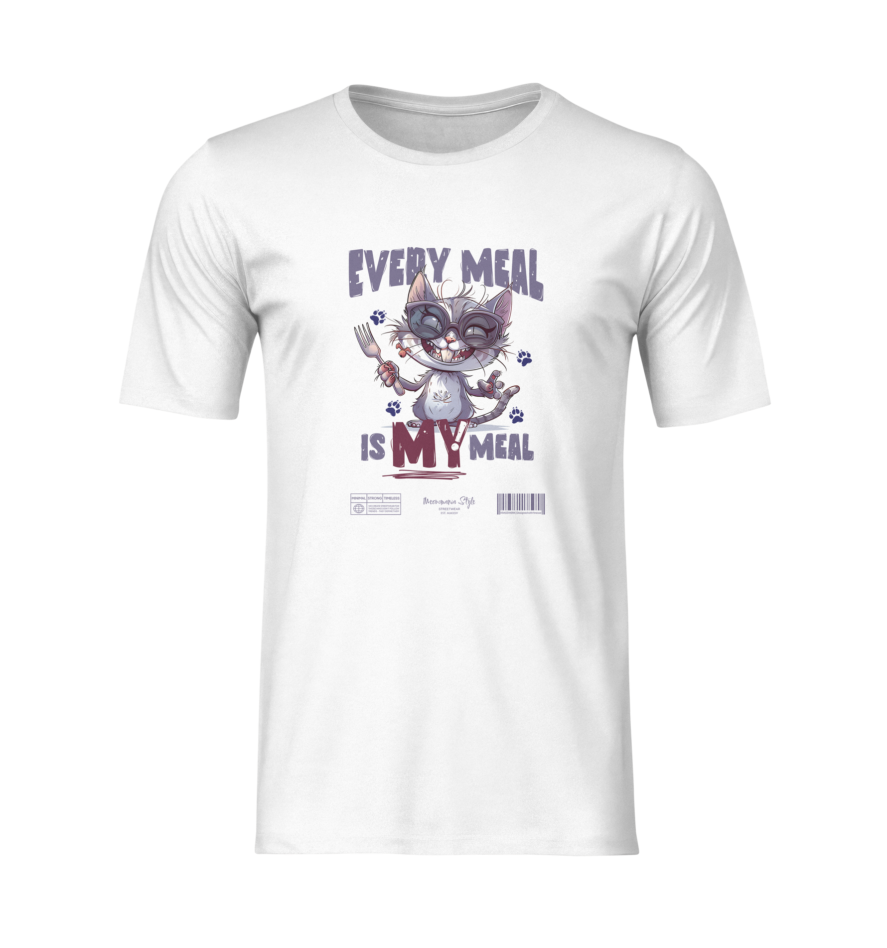 Front-facing ghost mockup of a white t-shirt with “EVERY MEAL IS MY MEAL” design. Features a cartoon cat holding a fork, with paw prints and bold typography — displayed on a plain, transparent background without a model.