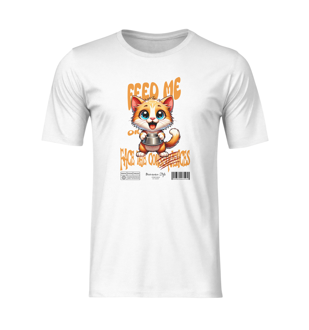 White t-shirt mockup with no background or model, displaying a playful orange cartoon kitten holding a food bowl and the phrase “FEED ME OR FACE THE CONSEQUENCES” in bold orange lettering.