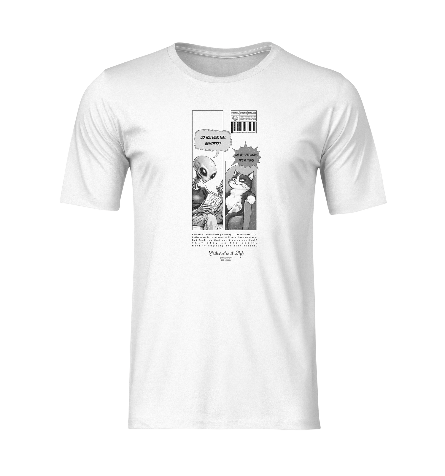 3D mockup of the "FEEL REMORSE?" t-shirt in white — front-facing, no background, no model. The shirt displays a monochrome comic-style design featuring an alien and a sarcastic cat. Speech bubbles read: “Do you ever feel remorse?” and “No. But I’ve heard it’s a thing.” Perfectly centered for clear product visualization.