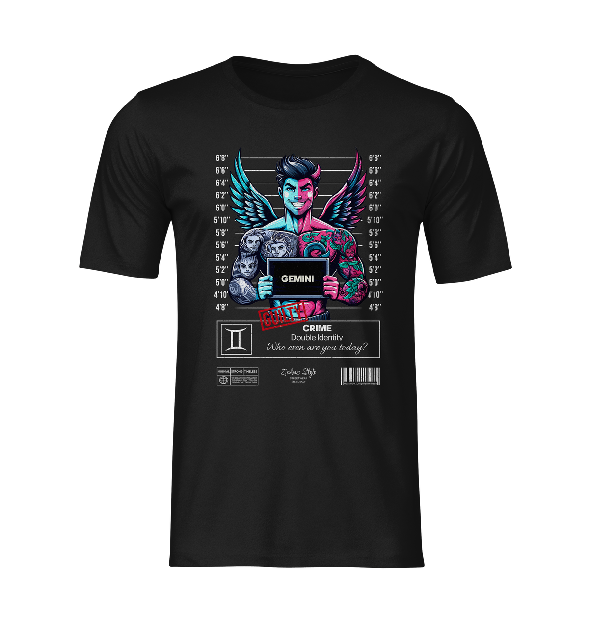 Front-facing ghost mockup of the Gemini black t-shirt on a neutral background. The design highlights a two-toned winged figure holding a mugshot board, flanked by tattoo details and ghostly faces — a striking visual metaphor for duality, hidden identities, and playful deception.
