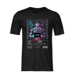 Front-facing ghost mockup of the Gemini black t-shirt on a neutral background. The design highlights a two-toned winged figure holding a mugshot board, flanked by tattoo details and ghostly faces — a striking visual metaphor for duality, hidden identities, and playful deception.
