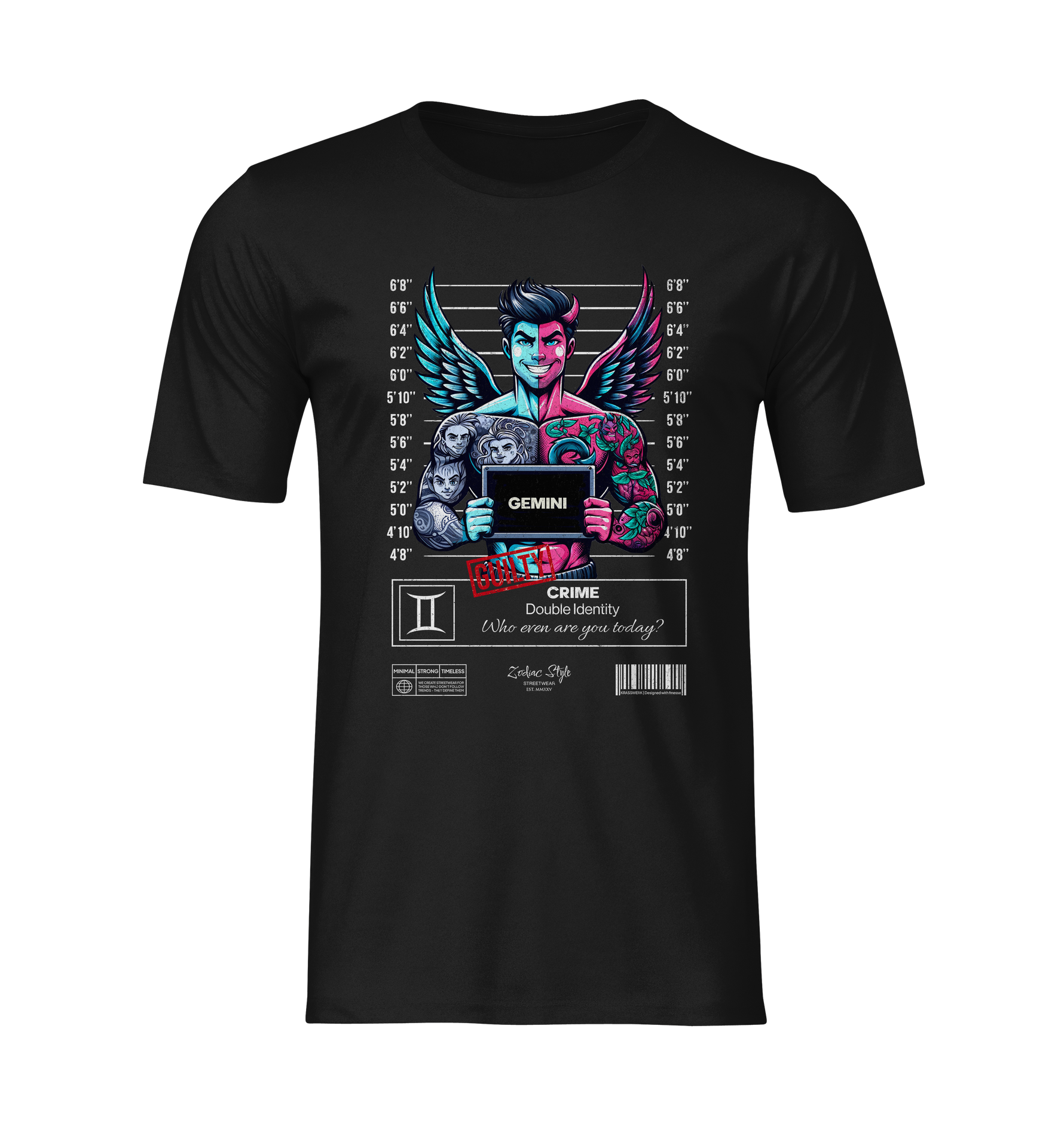 Front-facing ghost mockup of the Gemini black t-shirt on a neutral background. The design highlights a two-toned winged figure holding a mugshot board, flanked by tattoo details and ghostly faces — a striking visual metaphor for duality, hidden identities, and playful deception.