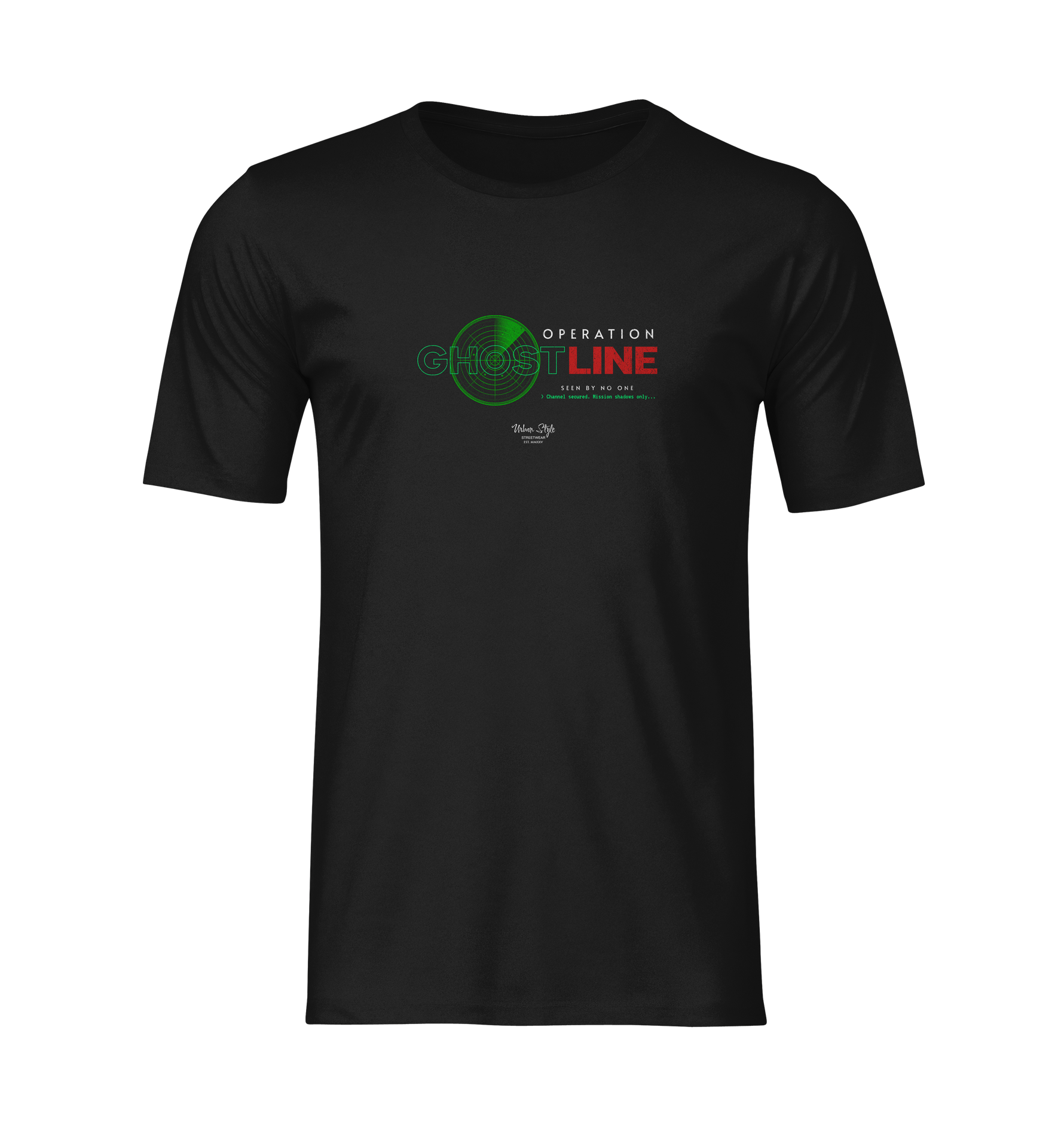 3D ghost mockup of the “OPERATION GHOSTLINE” black t-shirt with no model or background. The design features a green radar pulse behind the word “GHOST” and red digital-style text for “LINE,” centered on the chest in high detail.