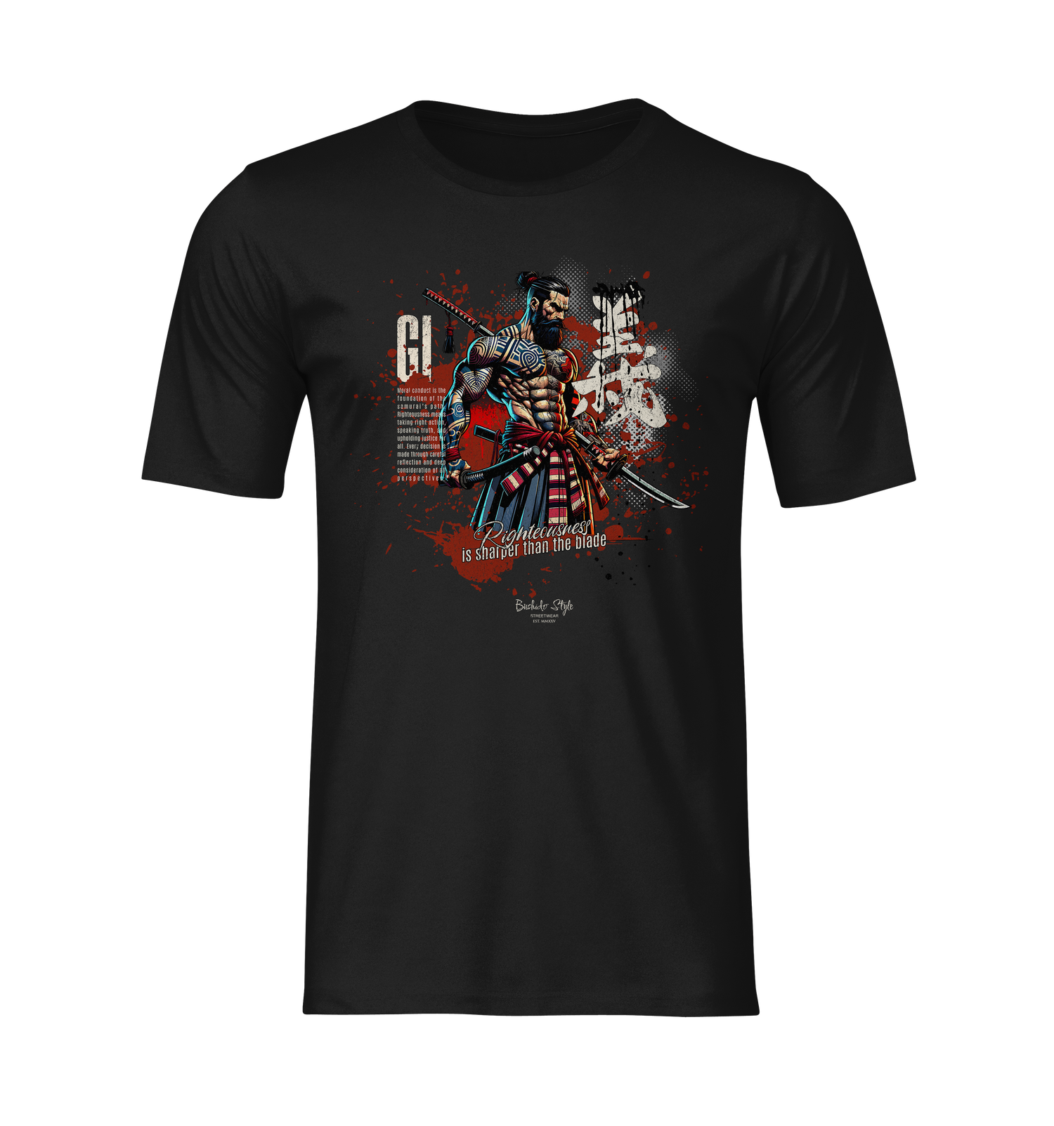 Ghost mockup of the GI t-shirt, displaying a samurai warrior with dual blades. The phrase “Righteousness is sharper than the blade” is boldly printed below.