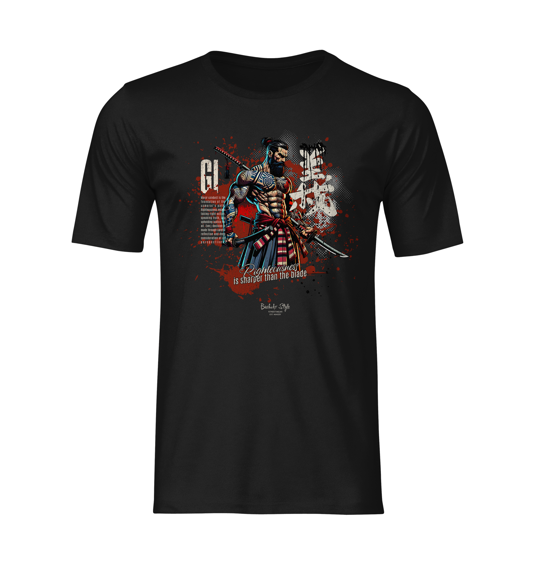 Ghost mockup of the GI t-shirt, displaying a samurai warrior with dual blades. The phrase “Righteousness is sharper than the blade” is boldly printed below.