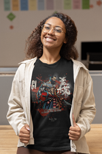 A confident young woman opens her beige jacket to reveal the GI t-shirt. The warrior design bursts with vivid colors and the virtue of righteousness.