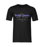 Flatlay-style ghost mockup of the "Gothic Power" t-shirt in black. Features bold purple gothic text and a dark skull-centered emblem. The minimalist shadowing keeps full focus on the graphic’s arcane and mysterious vibe.