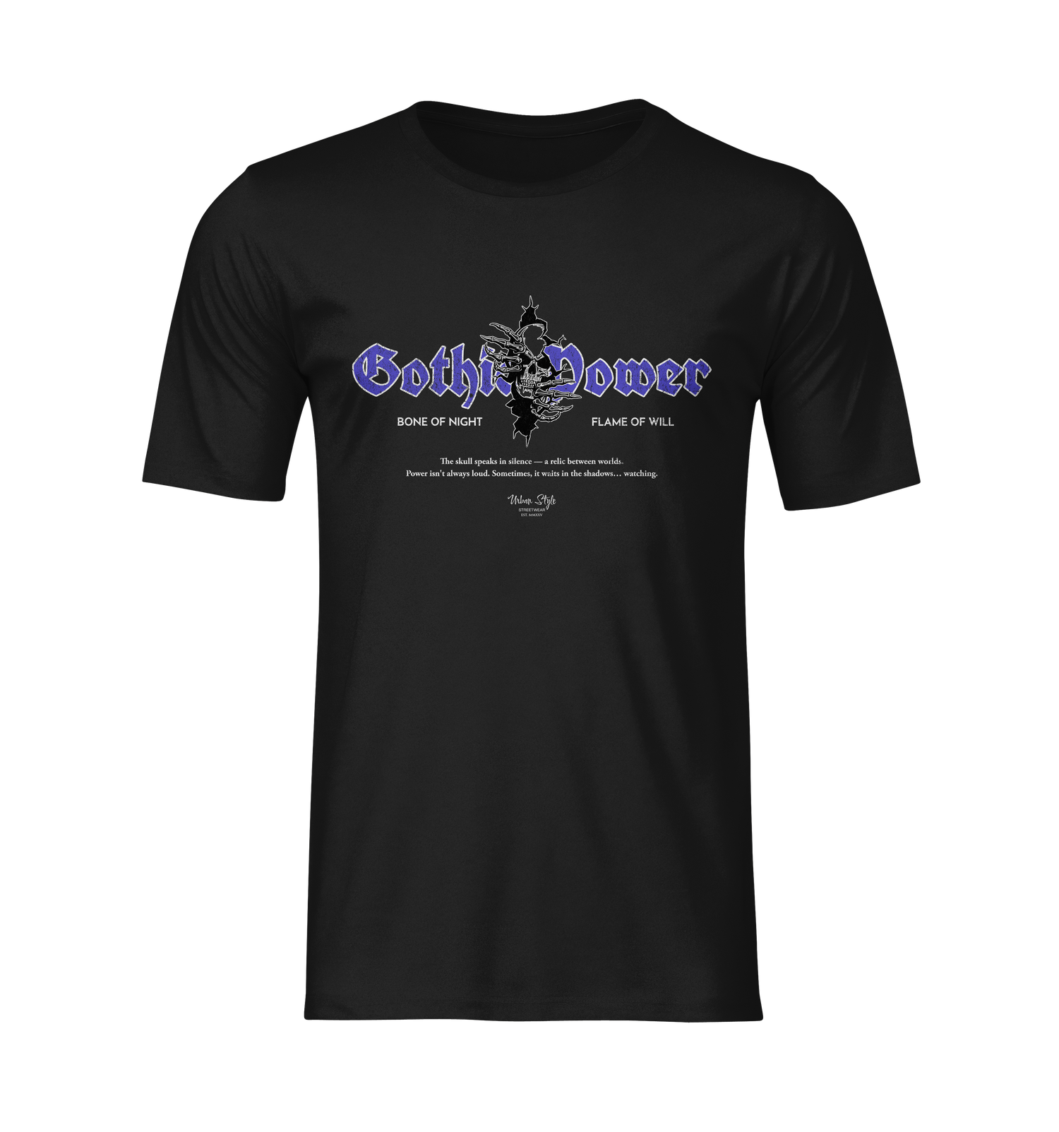 Flatlay-style ghost mockup of the "Gothic Power" t-shirt in black. Features bold purple gothic text and a dark skull-centered emblem. The minimalist shadowing keeps full focus on the graphic’s arcane and mysterious vibe.