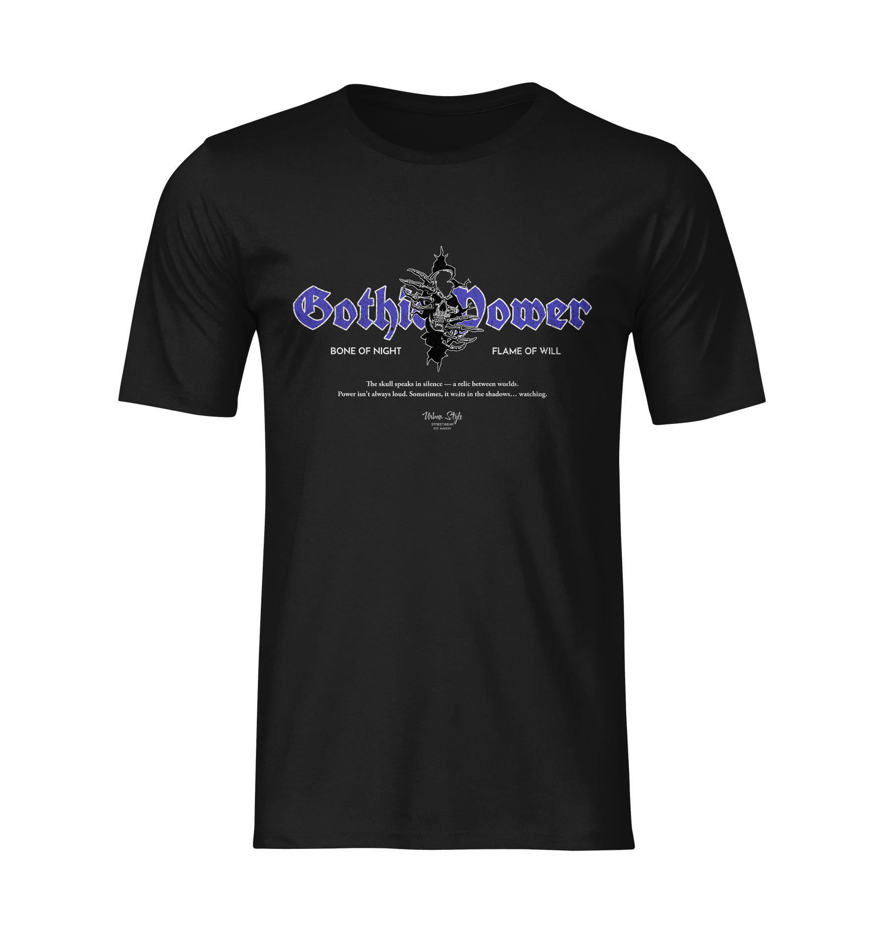 Flatlay-style ghost mockup of the "Gothic Power" t-shirt in black. Features bold purple gothic text and a dark skull-centered emblem. The minimalist shadowing keeps full focus on the graphic’s arcane and mysterious vibe.
