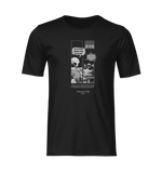 Black unisex t-shirt displayed on a plain background, featuring a black-and-white comic panel print. The design shows an alien holding a clipboard asking, “Why do you keep knocking things off the table?” and a smug cat in sunglasses responding, “Because gravity needs constant testing.” A barcode graphic is placed above the cat, with fine print and the phrase “Xtraterrestricat Style” beneath the artwork. No background or model included.