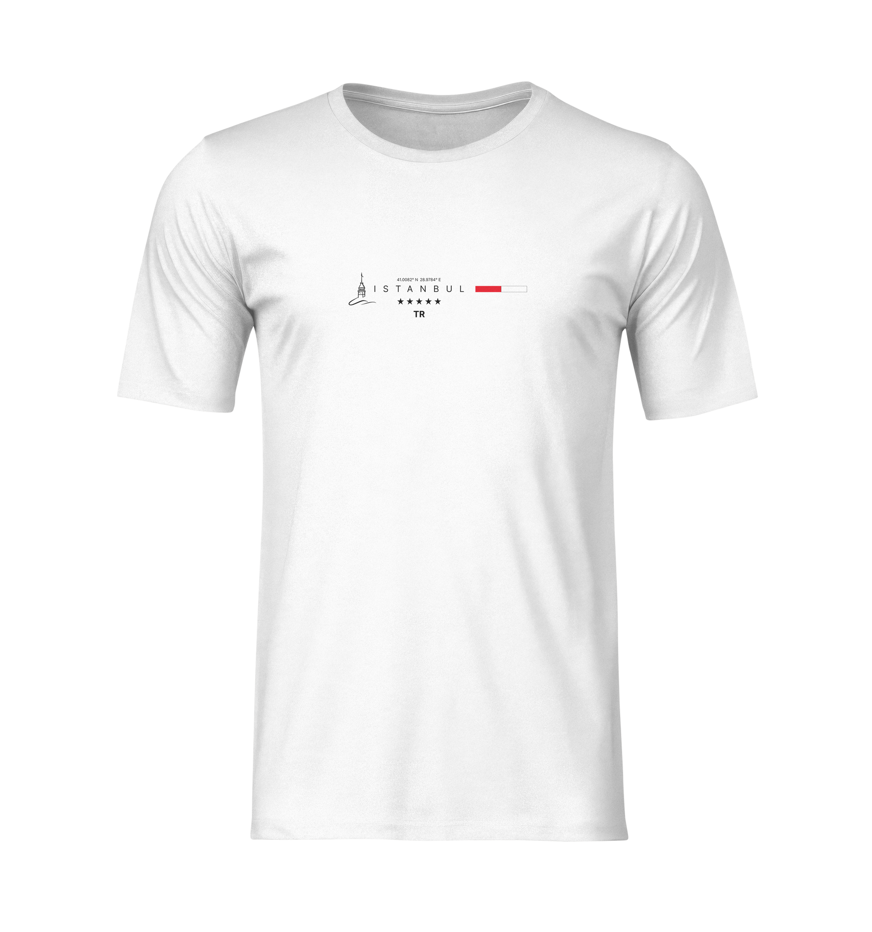 Front view of a white unisex t-shirt on an invisible mannequin. The design features "ISTANBUL TR" with the Galata Tower icon, five stars, and a red-white flag bar, centered clearly on the chest. No model or background, clean isolated mockup.
