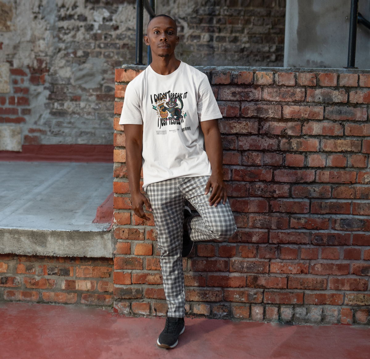 Man standing casually against a brick wall in an urban setting. He wears a white t-shirt with a playful design of a mischievous black cat knocking over a vase, accompanied by the text “I Didn’t Break It, I Just Tested It.” The scene has a relaxed, street-style vibe with plaid pants and sneakers.