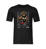 Black Bella+Canvas 3001 t-shirt displayed as a 3D ghost mockup with no visible model or background. The design features a powerful lion with a crown in a mugshot lineup pose, holding a placard labeled “LEO.” The lion flexes its tattooed arm, with the word “GUILTY” stamped in red and the text: “CRIME: Extreme Ego – Needs a spotlight to breathe.” Full front view of the shirt with realistic lighting, shadows, and fabric folds. 3D mockup – NO BACKGROUND, NO MODEL.