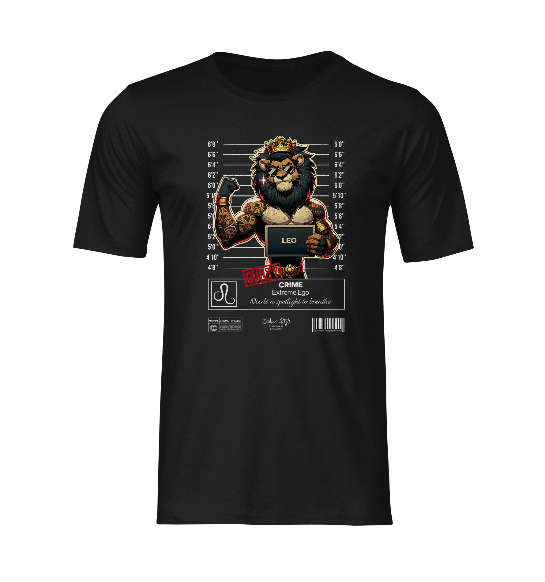 Black Bella+Canvas 3001 t-shirt displayed as a 3D ghost mockup with no visible model or background. The design features a powerful lion with a crown in a mugshot lineup pose, holding a placard labeled “LEO.” The lion flexes its tattooed arm, with the word “GUILTY” stamped in red and the text: “CRIME: Extreme Ego – Needs a spotlight to breathe.” Full front view of the shirt with realistic lighting, shadows, and fabric folds. 3D mockup – NO BACKGROUND, NO MODEL.