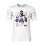 3D mockup of the LIBRA t-shirt in white, displayed without background or model. The design shows a muscular character holding two documents marked LIBRA, under a mugshot layout. NO BACKGROUND. NO MODEL.