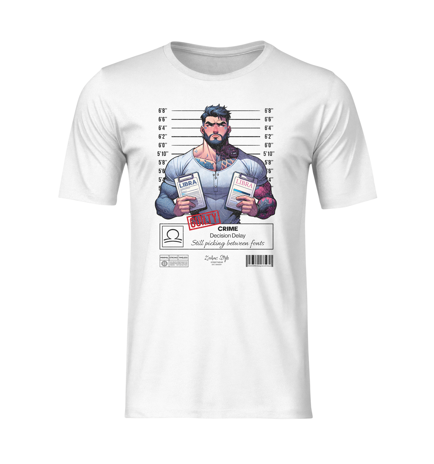 3D mockup of the LIBRA t-shirt in white, displayed without background or model. The design shows a muscular character holding two documents marked LIBRA, under a mugshot layout. NO BACKGROUND. NO MODEL.