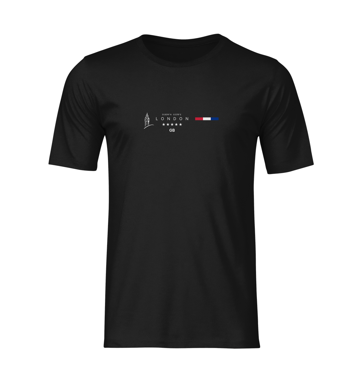 Front view of the LONDON t-shirt in black, displayed as a 3D ghost mockup with no model or background. The design features a minimalist layout with the Big Ben icon, the word “LONDON,” coordinates, five stars, and a red-white-blue color stripe. Clean and centered on the chest area.