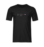 Front view of the LONDON t-shirt in black, displayed as a 3D ghost mockup with no model or background. The design features a minimalist layout with the Big Ben icon, the word “LONDON,” coordinates, five stars, and a red-white-blue color stripe. Clean and centered on the chest area.